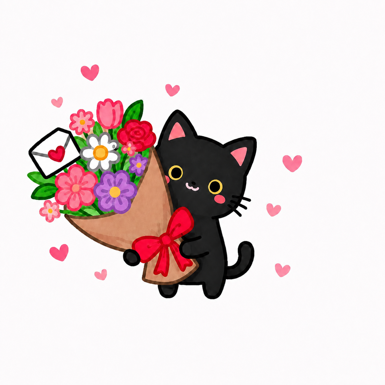 A black cartoon cat holding a colorful bouquet, surrounded by pink hearts